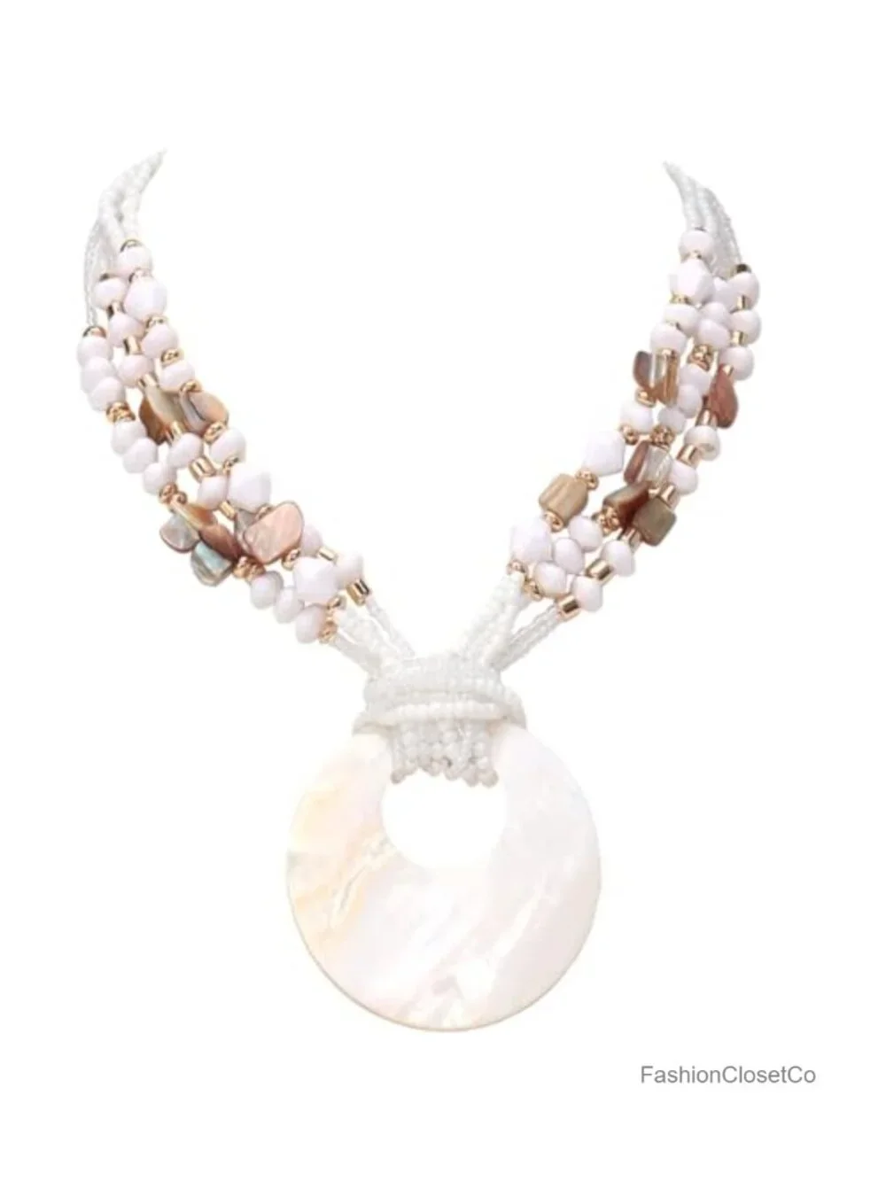 Shell Pendant Strand Necklace Boho Multi Beads Natural Stone Handmade Choker